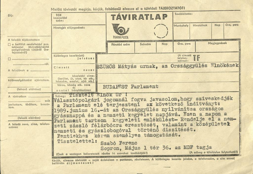 Távirat Szűrös Mátyásnak, az Országgyűlés elnökének (Szabó Ferenc, Sopron)